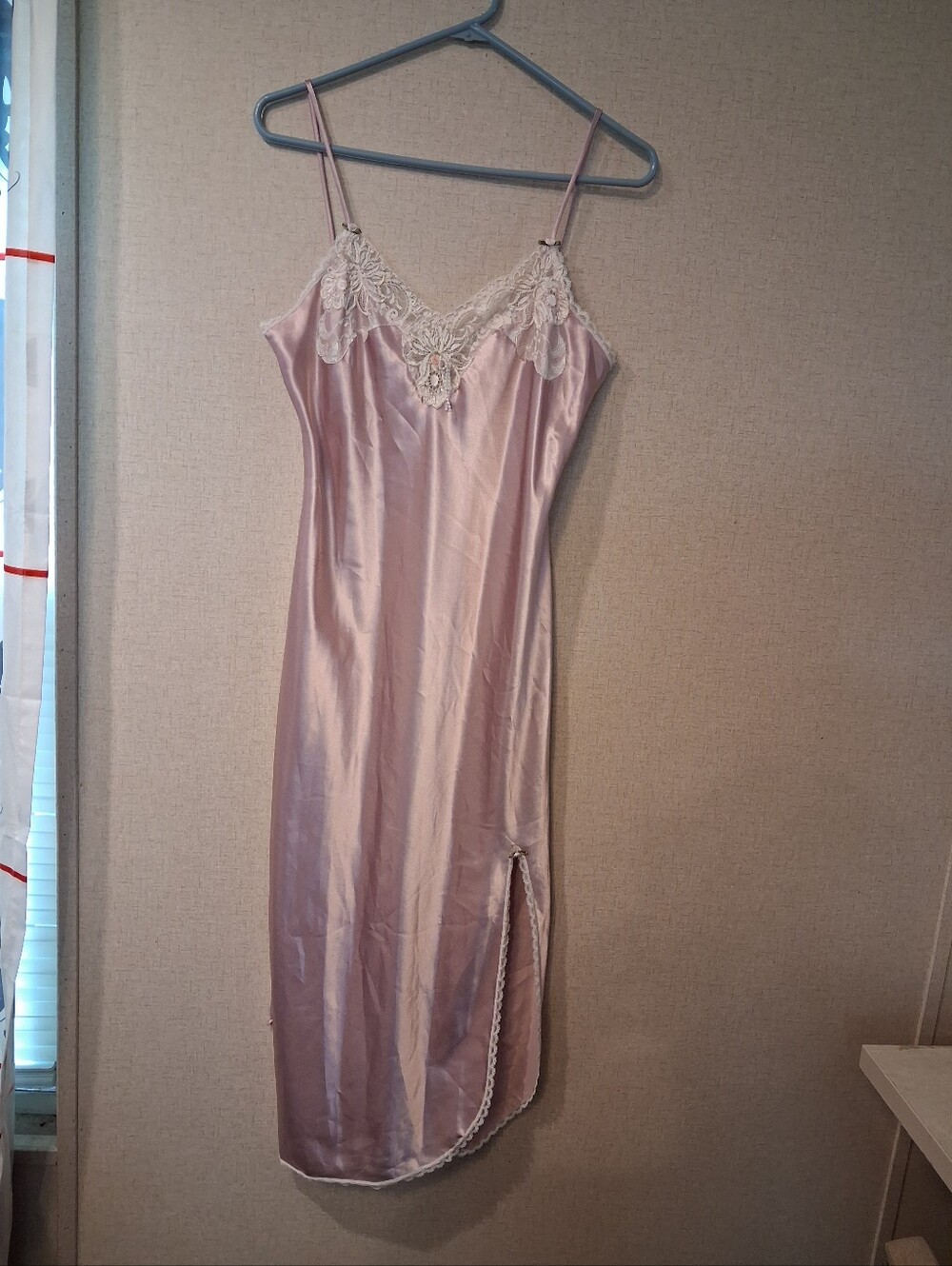 Vintage California Dynasty Elegant Pale Pink Satin Lace-Trim Slip Dress Sz S
